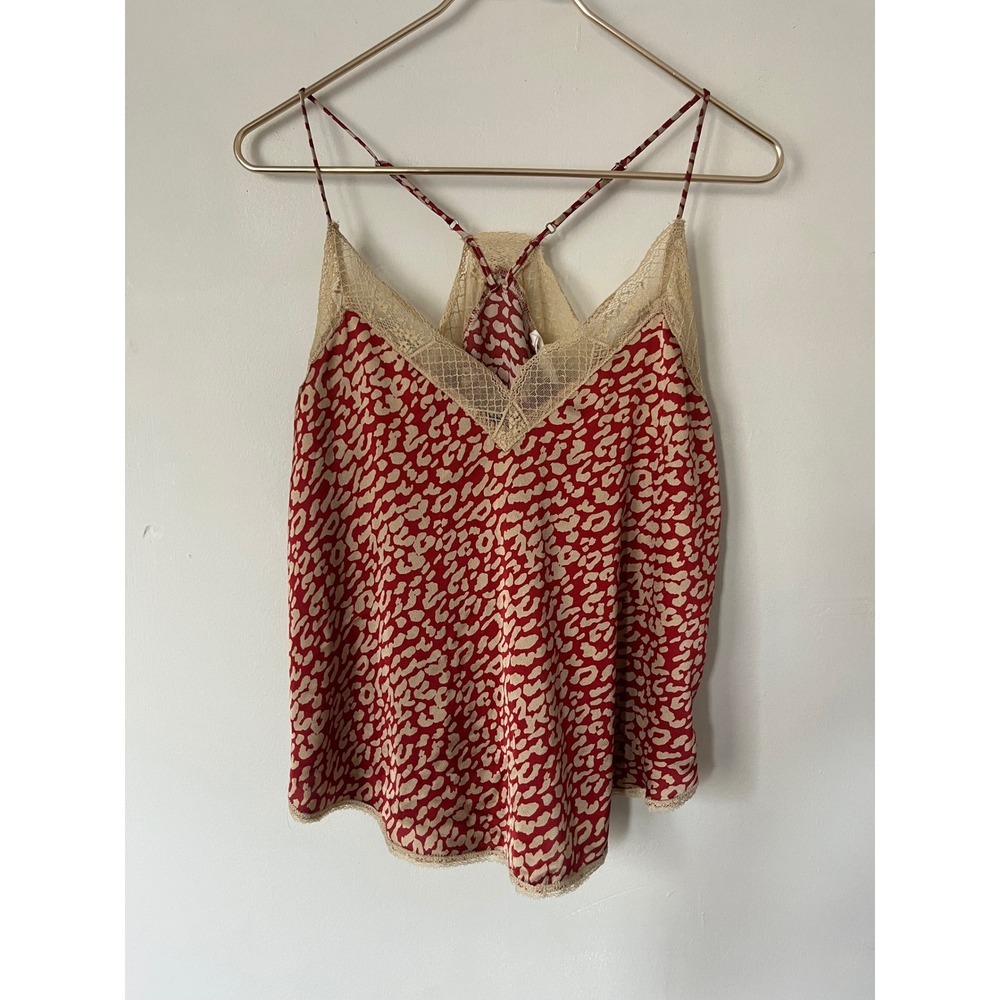 Lovestitch orange satin Tan Animal Print Lace Trim Camisole Racerback Tank Top S